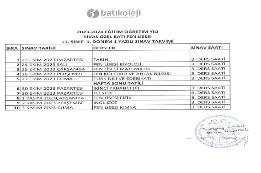 2023-2024 1. DÖNEM 1. YAZILI TARİHLERİ